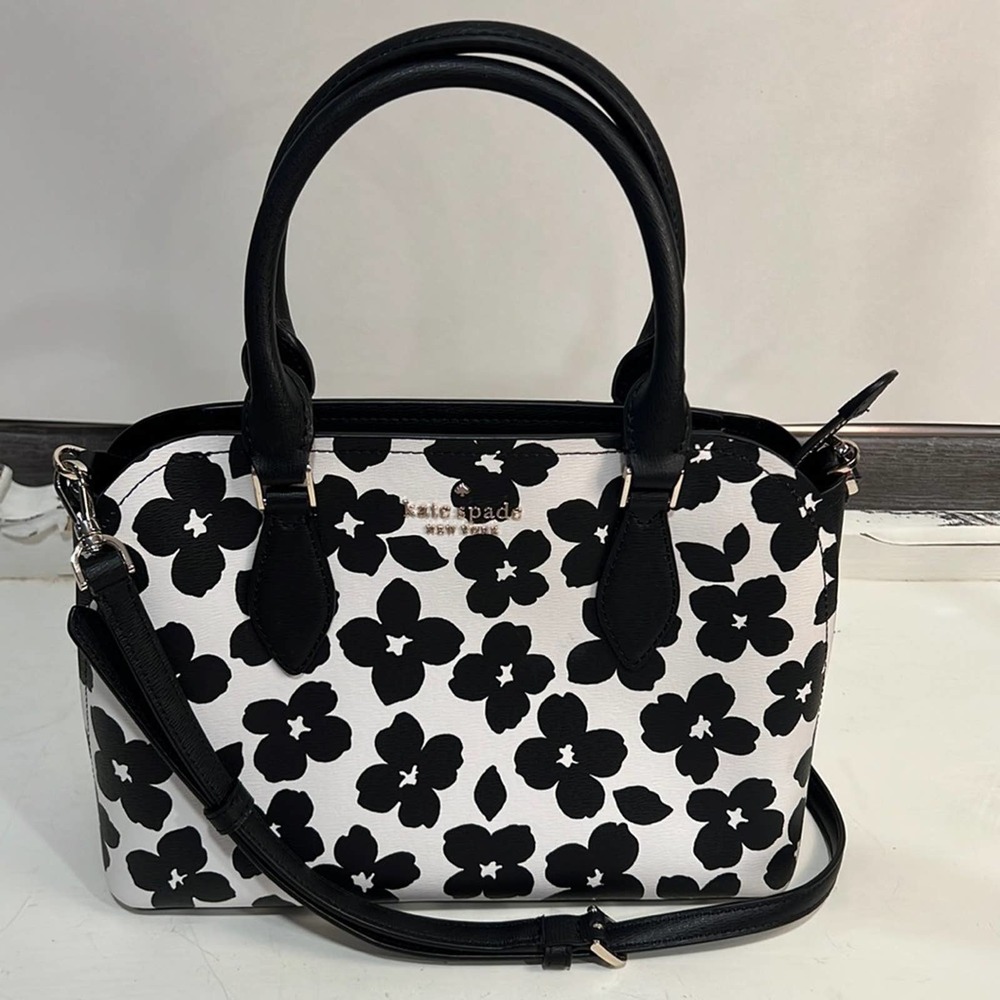 KATE SPADE NEW Darcy Bloom Black & White Graphic Satchel with Crossbody Strap